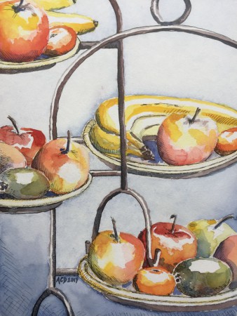 20170217: Etagere met vers fruit, 30x40 aquarel met inkt