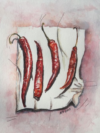 20170323: gedroogde pepers, 30x40 aquarel en zwarte fineliner