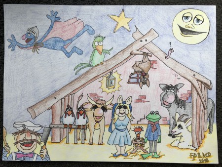 20181222: Muppet Kerststal, aquarelpotloden en fineliner 30x40 cm