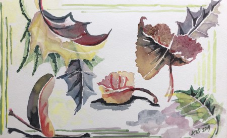 20191010: Wervelende herfstblaadjes, aquarel 30x48 cm.