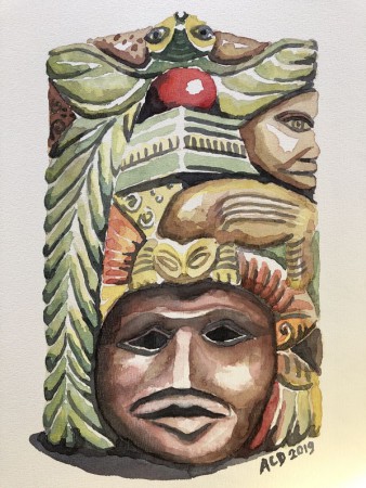 20191128-houten masker Guatemala: Selfie. aquarel 20x30 cm
