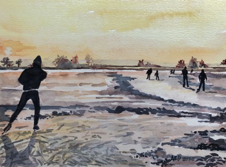 2020 02 06: Schaatsers, aquarel, 30x40 cm