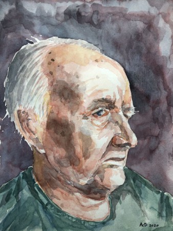 2020 02 19: Portret van mijn vader, ietsje aangepast: bij zijn kin wat minder schaduw en wat vergeten ouderdomsvlekken, 30x40 cm