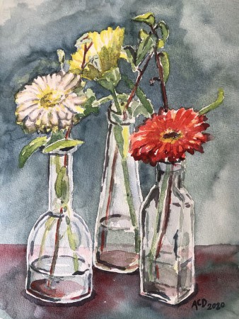 2020 04 09: Gerbera's in glazen flessen, aquarel, 30x40 cm