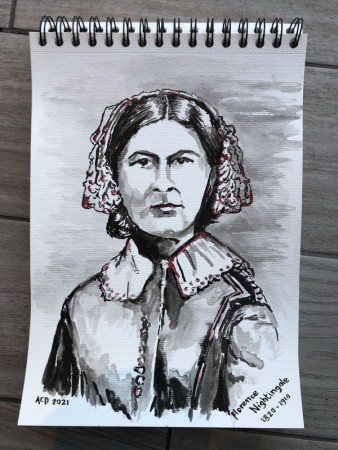 20210213: An Ode To Woman: 30 dagen achter elkaar een portret: Verpleegsters, inkt en aquarel, A4