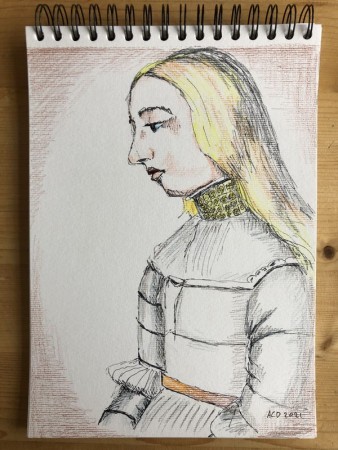 20210312: An Ode To Woman: 30 dagen achter elkaar een portret. historie, fineliner en aquarelpotlood A4